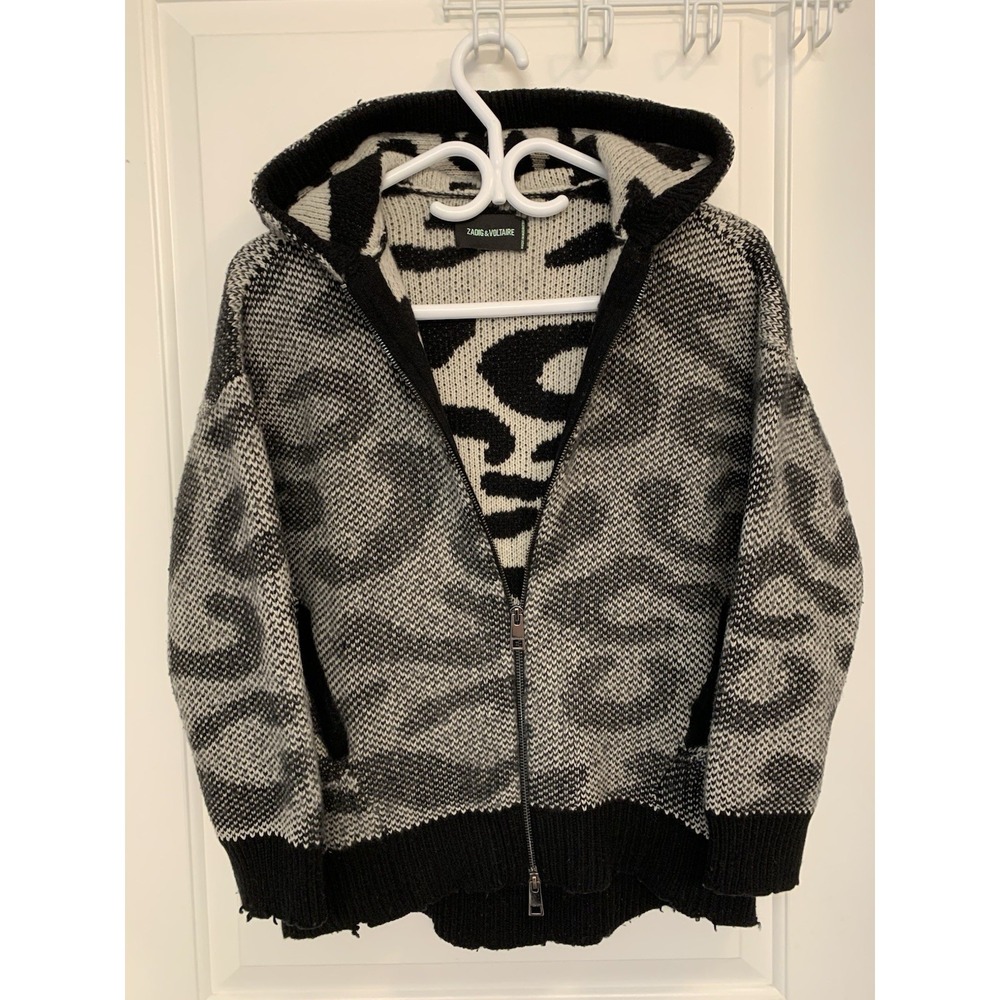 Zadig & Voltaire Lennox RC Leo Jacq Cashmere Leopard Print Hoodie Grey Black S